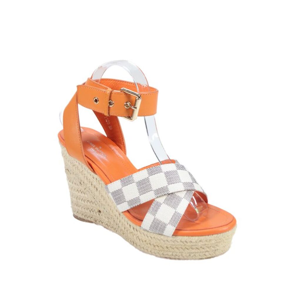 Louis Vuitton Womens Check Print Cross Strapped Wedge Heels Orange Size EUR 39